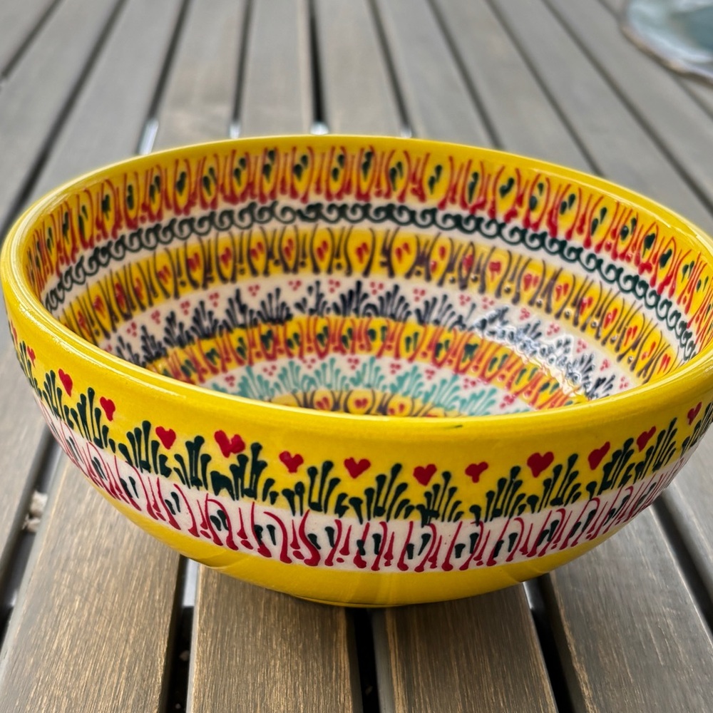 Hand Painted Ceramic Bowl Yellow with Red and Green Designs